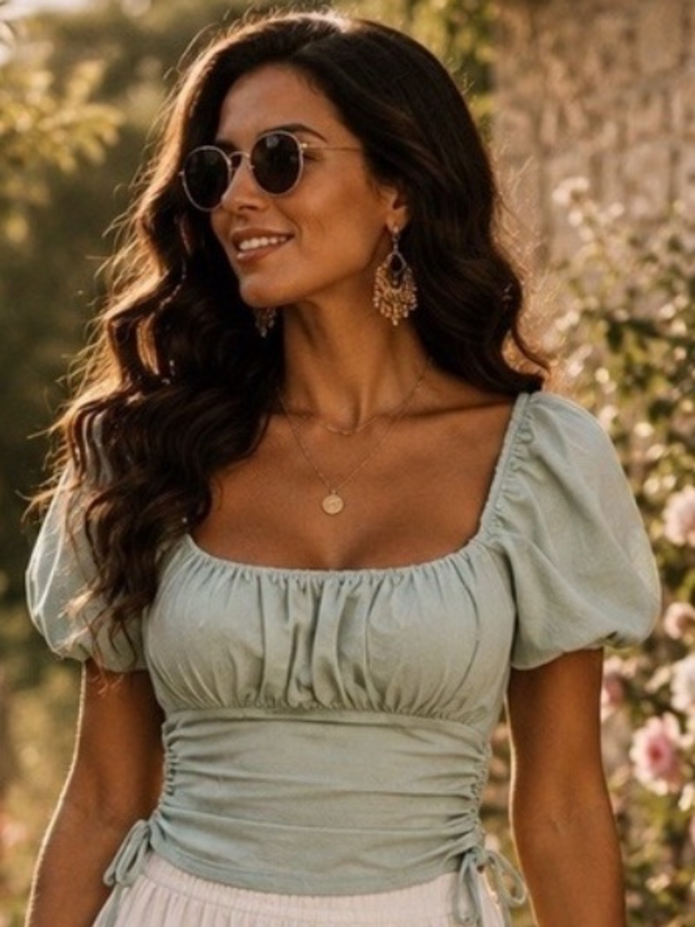Hollister Babydoll Crop Top‎ Ruched Side Tie XXS Green Y2K Milk Maid Summer